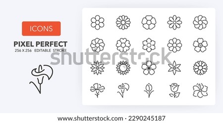 Line icons about flowers. Thin line icon set. 512x512 Pixel Perfect.. Editable vector stroke. 64 and 256 Pixel Perfect scalable to 128px