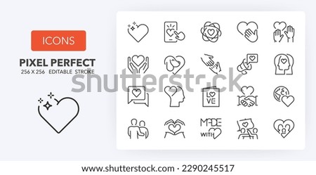 Line icons about love and social responsibility. Thin line icon set. 512x512 Pixel Perfect.. Editable vector stroke. 64 and 256 Pixel Perfect scalable to 128px