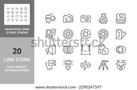 Line icons about photography. Editable vector stroke. 64 and 256 Pixel Perfect scalable to 128px