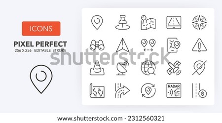 Set of thin line icons about navigation and location. Outline symbol collection 2 of 2. Editable vector stroke. 256x256 Pixel Perfect scalable to 128px, 64px...