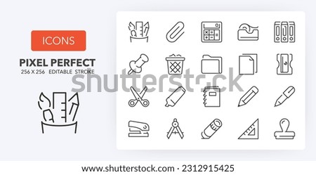 Set of thin line icons about stationery and back to school. Outline symbol collection. Editable vector stroke. 256x256 Pixel Perfect scalable to 128px, 64px...