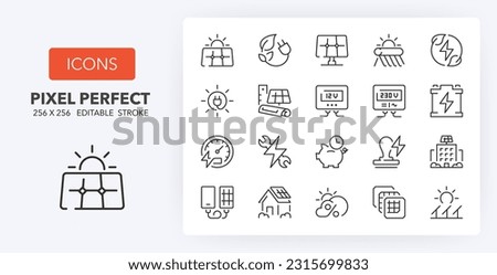 Set of thin line icons about solar energy and photovoltaic installations. Outline symbol collection. Editable vector stroke. 256x256 Pixel Perfect scalable to 128px, 64px...