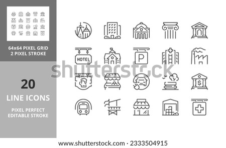 City buildings and services, thin line icon set 1of 2. Outline symbol collection. Editable vector stroke. 64 and 256 Pixel Perfect scalable to 128px