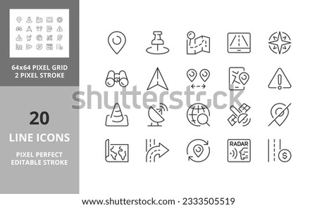 Navigation and location, thin line icon set 2 of 2. Outline symbol collection. Editable vector stroke. 64 and 256 Pixel Perfect scalable to 128px