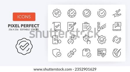 Checkmark and quality product thin line icon set. Outline symbol collection. Editable vector stroke. 256x256 Pixel Perfect scalable to 128px, 64px...