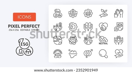 Environmental Social Governance thin line icon set. Outline symbol collection. Editable vector stroke. 256x256 Pixel Perfect scalable to 128px, 64px...