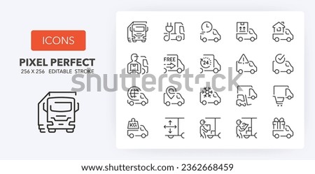 Trucks and road transport, thin line icon set. Outline symbol collection. Editable vector stroke. 256x256 Pixel Perfect scalable to 128px, 64px...