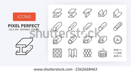 Steel products, thin line icon set. Outline symbol collection. Editable vector stroke. 256x256 Pixel Perfect scalable to 128px, 64px...