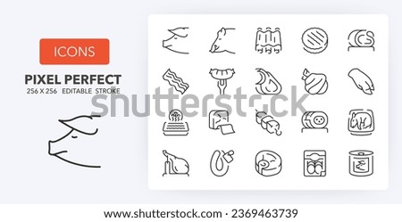 Pork meats products, thin line icon set. Outline symbol collection. Editable vector stroke. 256x256 Pixel Perfect scalable to 128px, 64px...