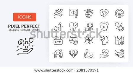 Employee benefits, thin line icon set. Outline symbol collection. Editable vector stroke. 256x256 Pixel Perfect scalable to 128px, 64px...