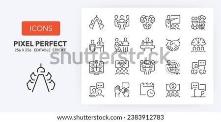 Meeting, thin line icon set. Outline symbol collection. Editable vector stroke. 256x256 Pixel Perfect scalable to 128px, 64px...