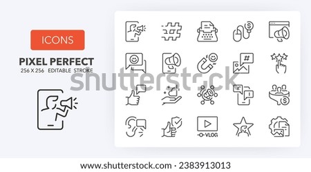 Influencers and social media marketing, thin line icon set. Outline symbol collection. Editable vector stroke. 256x256 Pixel Perfect scalable to 128px, 64px...