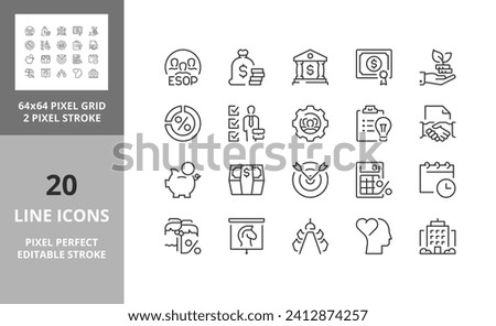 Line icons about Employee Stock Ownership Plan, business concept. Editable vector stroke. 64 and 256 Pixel Perfect scalable to 128px...