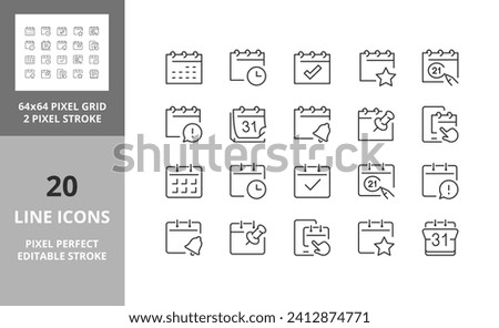 Line icons about calendars. Editable vector stroke. 64 and 256 Pixel Perfect scalable to 128px...