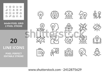 Line icons about creative ideas and solutions. Editable vector stroke. 64 and 256 Pixel Perfect scalable to 128px...