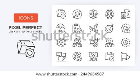 Line icons set about project management. Contains such icons as workflow, task, to do list, timeline and deadline. Editable vector stroke. 256x256 Pixel Perfect scalable to 128px, 64px...