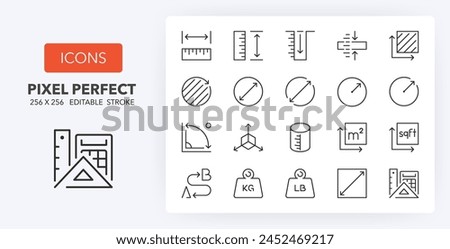 Line icons about length, weight and volume. Contains such icons as ruler, m2, area and more. Editable vector stroke. 256 Pixel Perfect scalable to 128px...