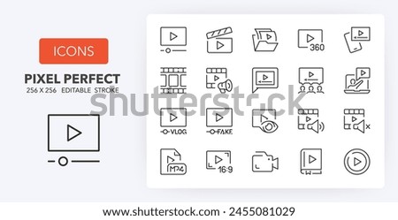 Line icons about video. Contains such icons as video lesson, aspect ratio, viral and more. Editable vector stroke 2 of 2 sets. 256 Pixel Perfect scalable to 128px...