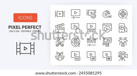 Line icons about video. Contains such icons as broadcast, live, production and more. Editable vector stroke 1 of 2 sets. 256 Pixel Perfect scalable to 128px...