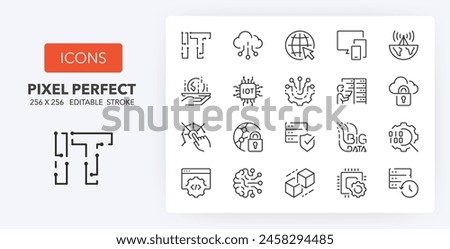 Line icons about information technoligies. Contains such icons as cloud computing, internet, digital transformation and more. Editable vector stroke. 256 Pixel Perfect scalable to 128px...