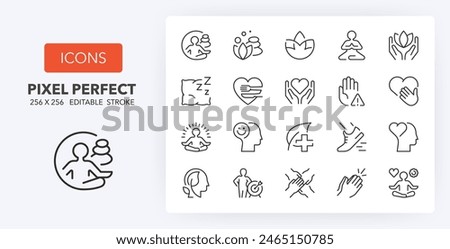 Line icons about wellness. Contains such icons as relaxation, yoga, spa, personal growth and more. Editable vector stroke. 256 Pixel Perfect scalable to 128px...