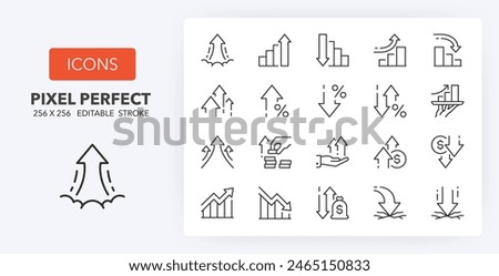 Line icons about increase and decrease. Contains such icons as stock market, profit, launch and more. Editable vector stroke. 256 Pixel Perfect scalable to 128px...