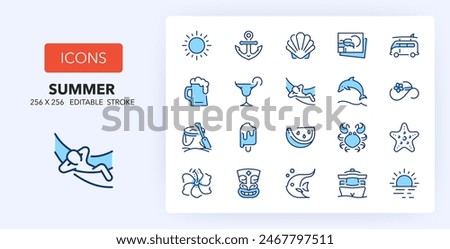 Line icons about beach activities and summer. Contains such icons as beach, surf, tropical island and more. 256x256 Pixel Perfect editable in two colors