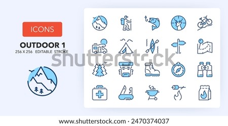 Line icons about outdoor activities. Contains such icons as camping, mountains, route and more. 256x256 Pixel Perfect editable in two colors. Set 1 of 2