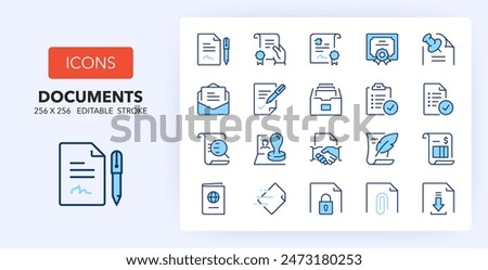 Line icons about documents. Contains such icons as agreement, contract, checklist and more. 256x256 Pixel Perfect editable in two colors