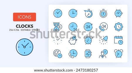 Line icons about clocks. Contains such icons as fast service, time management, fitness tracker and more. 256x256 Pixel Perfect editable in two colors