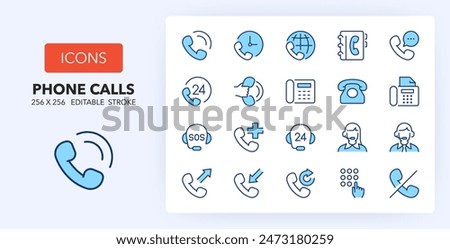 Line icons about phone and calls. Contains such icons as call center, emergecy, 24h service and more. 256x256 Pixel Perfect editable in two colors