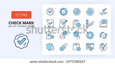 Line icons about check marks. Contains such icons as agreement, approval, certificate and more. 256x256 Pixel Perfect editable in two colors