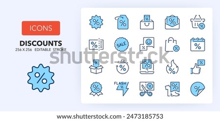 Line icons about discounts. Contains such icons as offer, voucher, promotion and more. 256x256 Pixel Perfect editable in two colors