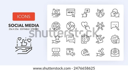 Line icons about social media. Contains such icons as network, digital marketing, internet and more. Editable vector stroke. 256 Pixel Perfect scalable to 128px...