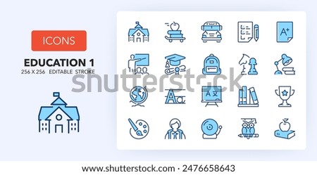 Line icons about Education and back to school. Contains such icons as learning, knowledge, classroom and more. 256x256 Pixel Perfect editable in two colors. Set 1 of 2