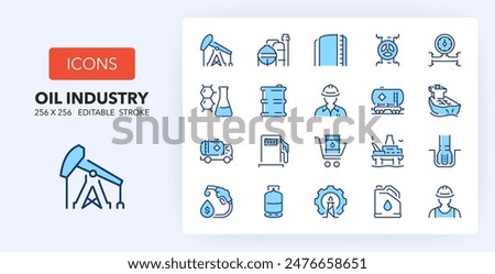 Line icons about oil industry. Contains such icons as barrel, extraction, refinery and more. 256x256 Pixel Perfect editable in two colors