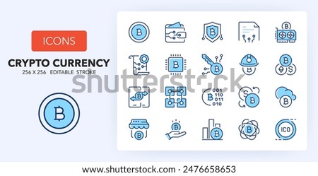 Line icons about crypto currencies. Contains such icons as block chain, transfer, equipment and more. 256x256 Pixel Perfect editable in two colors