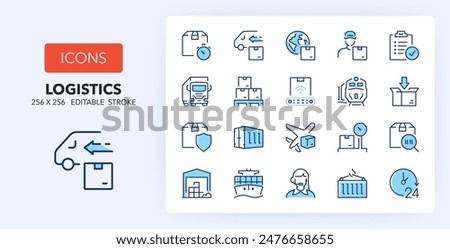 Line icons about shipping and logistics. Contains such icons as distribution, transportation, insurance and more. 256x256 Pixel Perfect editable in two colors