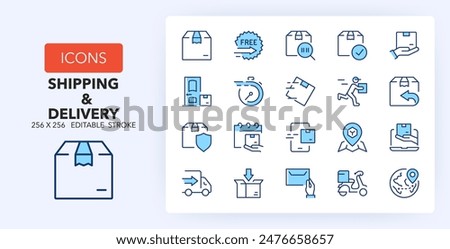 Line icons about shipping and delivery. Contains such icons as box, express service, tracking and more. 256x256 Pixel Perfect editable in two colors