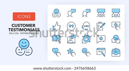 Line icons about customer testimonials. Contains such icons as ranking, feedback, quote and more. 256x256 Pixel Perfect editable in two colors