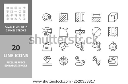 Line icons about measuring. Editable vector stroke. 64 and 256 Pixel Perfect scalable to 128px...