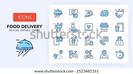 Line icons about food delivery and order online. Contains such icons as supermarket order, rider, progress and more. 256x256 Pixel Perfect editable in two colors