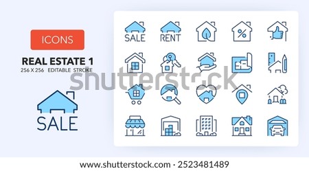 Line icons about real estate. Contains such icons as sale, location, industrial warehouse and more. 256x256 Pixel Perfect editable in two colors. Set 1 of 2