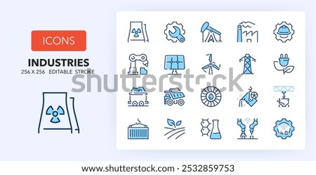 Line icons about industrial sectors. Contains such icons as mining, solar energy, robotic and more. 256x256 Pixel Perfect editable in two colors