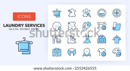 Line icons about laundry services. Contains such icons as leather dry cleaning, laundromat, ironing and more. 256x256 Pixel Perfect editable in two colors