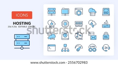 Line icons about hosting and cloud computing networks concepts. Contains such icons as database, domains, VPS and more. 256x256 Pixel Perfect editable in two colors