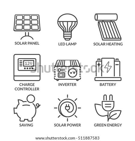 basic solar energy equipment, thin line icon set isolated. black color