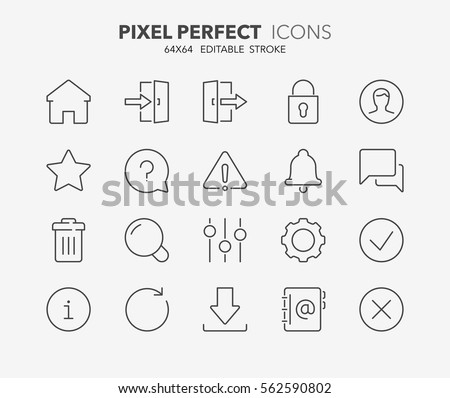 Set of interface line icons. Contains icons as settings, log in, user, search, download and more. Editable stroke. 64x64 Pixel Perfect.