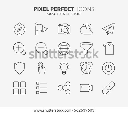 Set of interface line icons. Contains icons as compass, shield, photo camera, filter, weather and more. Editable stroke. 64x64 Pixel Perfect.