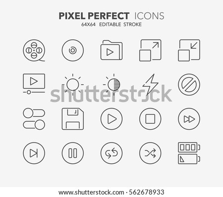 Set of interface line icons. Contains icons as movies, ui buttons, cd, switch, battery and more. Editable stroke. 64x64 Pixel Perfect.